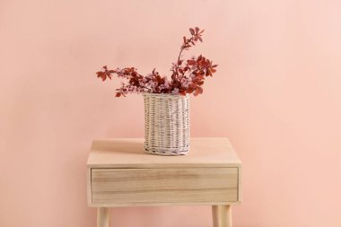 Masanın üzerinde renk arkaplanına karşı çiçek açan güzel dalları olan vazo