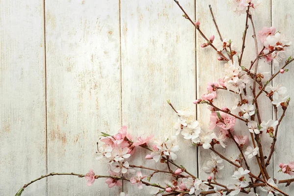 Beautiful Blossoming Branches Light Wooden Background — Stock Photo, Image