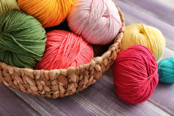 Wicker Basket Knitting Yarn Wooden Table — Stock Photo, Image