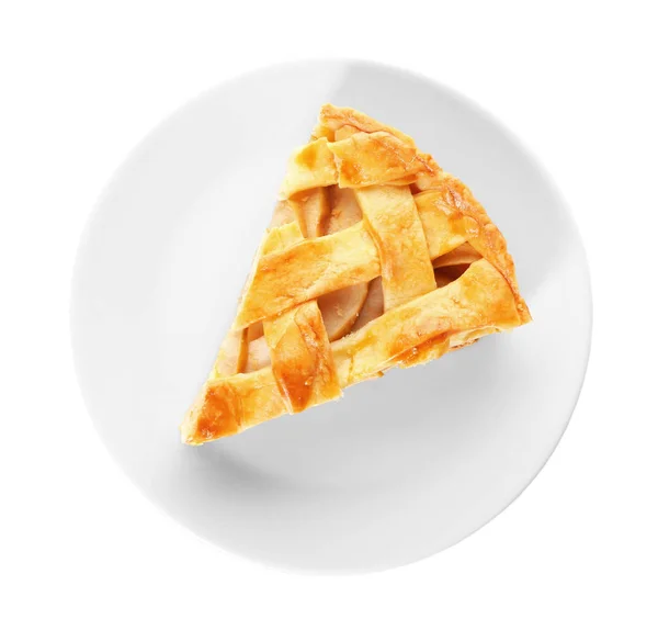 Teller Mit Einem Stück Leckeren Hausgemachten Apfelkuchen Auf Weißem Hintergrund — Stockfoto