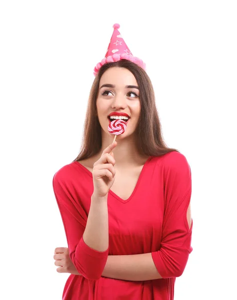 Jovem Atraente Com Pirulito Chapéu Festa Fundo Branco — Fotografia de Stock