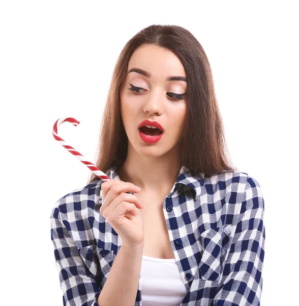 Attractive Young Woman Candy Cane White Background — Stock Photo, Image