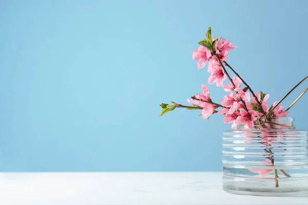 Vase Beautiful Blossoming Branches Table Color Background — Stock Photo, Image