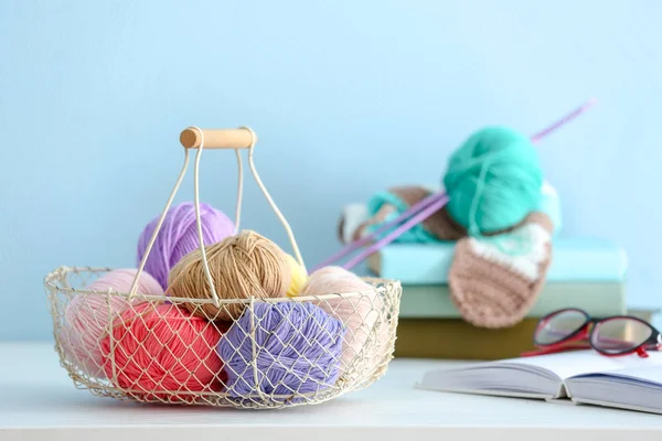 Basket Colorful Knitting Yarns Table Indoors — Stock Photo, Image