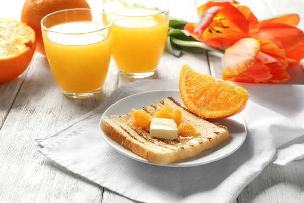 Tasty Sweet Toast Butter Pieces Orange Plate — Stock Photo, Image