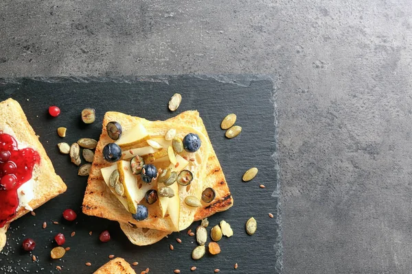 Tasty Sweet Toasts Slate Plate Top View — Stock Photo, Image