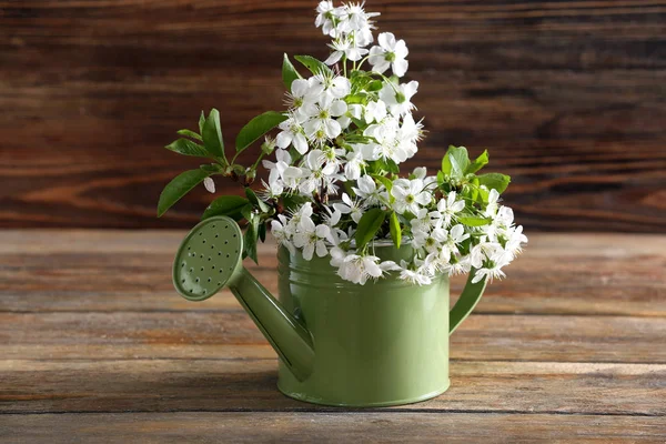 Watering Can Beautiful Blossoming Branches Table — Stock Photo, Image
