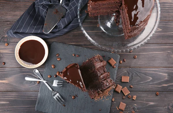 Composition Tasty Chocolate Cake Wooden Table — Stock Photo, Image