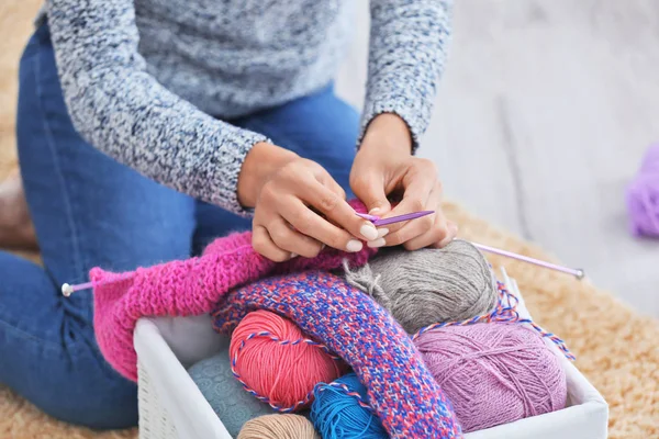 Young Woman Knitting Warm Sweater Indoors Closeup — Stock Photo, Image