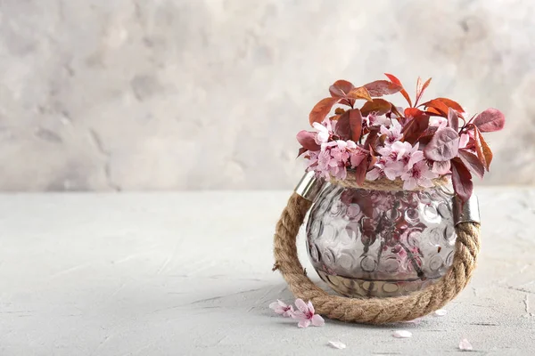 Vase Beautiful Blossoming Branches Grey Background — Stock Photo, Image