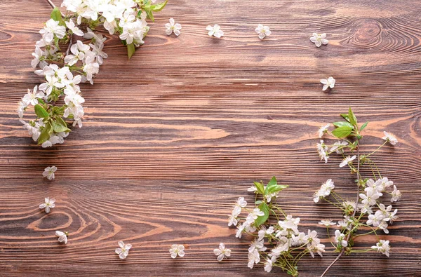 Frame Made Beautiful Blossoming Branches Wooden Background — Stock Photo, Image