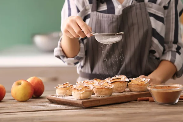 Woman Making Apple Roses Puff Pastry Kitchen — Stock Photo, Image