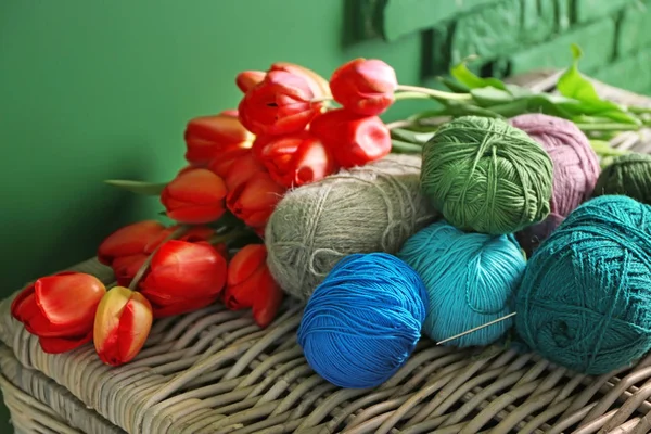 Knitting Yarn Tulips Wicker Basket — Stock Photo, Image