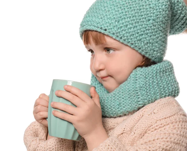 Cute Little Girl Warm Clothes Cup Hot Cocoa Drink White — Stock Photo, Image