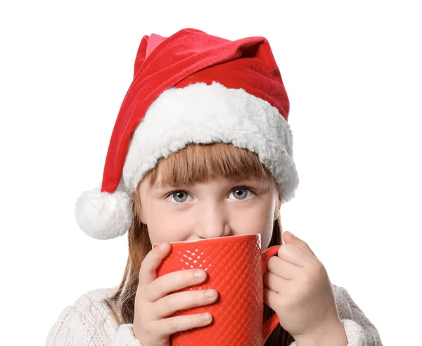 Cute Little Girl Santa Hat Cup Hot Cocoa Drink White — Stock Photo, Image