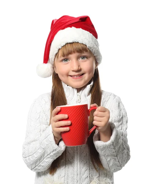 Petite Fille Mignonne Dans Chapeau Père Noël Avec Une Tasse — Photo