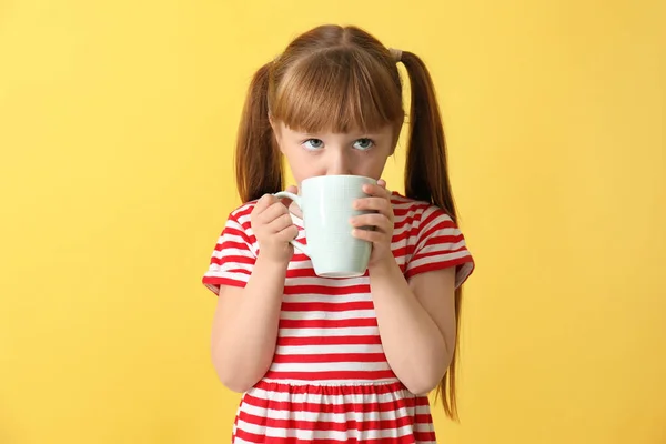 Cute Little Girl Cup Hot Cocoa Drink Color Background — Stock Photo, Image