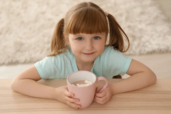 Cute Little Girl Cup Hot Cocoa Drink Home — Stock Photo, Image