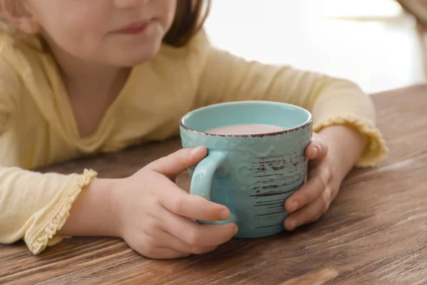 Cute Little Girl Cup Hot Cocoa Drink Home Closeup — Stock Photo, Image