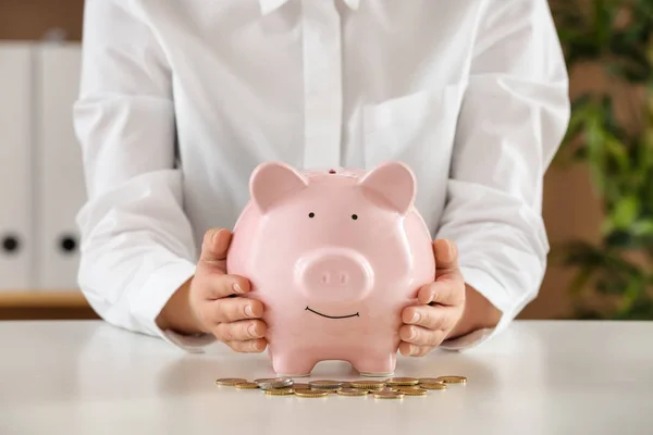 Woman Holding Piggy Bank Money Hands Savings Concept — Stock Photo, Image