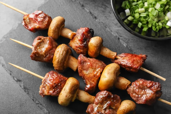 Barbecue Skewers Juicy Meat Mushrooms Slate Plate — Stock Photo, Image