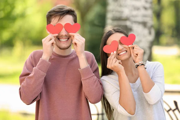 Portrait Lovely Couple Paper Hearts Outdoors — Stock Photo, Image