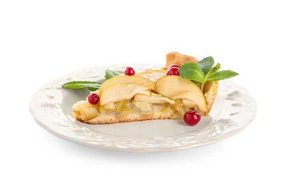 Тарелка Кусочком Вкусного Домашнего Яблочного Пирога Белом Фоне — стоковое фото