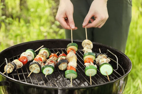 Woman Cooking Juicy Meat Vegetables Barbecue Grill Outdoors — Stock Photo, Image