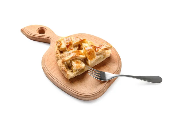 Деревянная Доска Кусочком Вкусного Домашнего Яблочного Пирога Вилкой Белом Фоне — стоковое фото