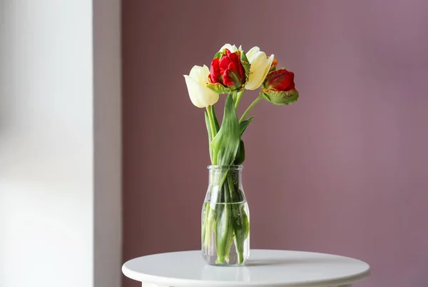 Vase Beautiful Tulips Table Indoors — Stock Photo, Image