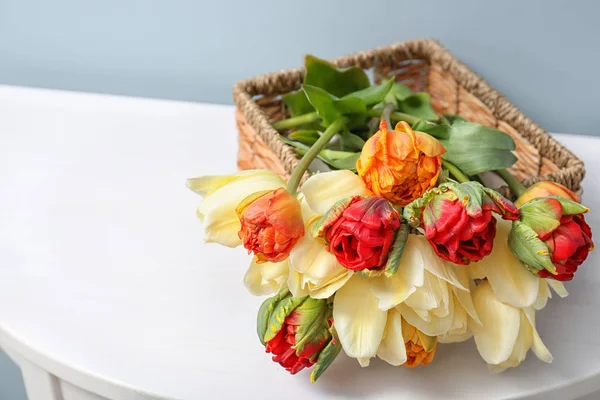 Wicker Basket Beautiful Tulips Table — Stock Photo, Image