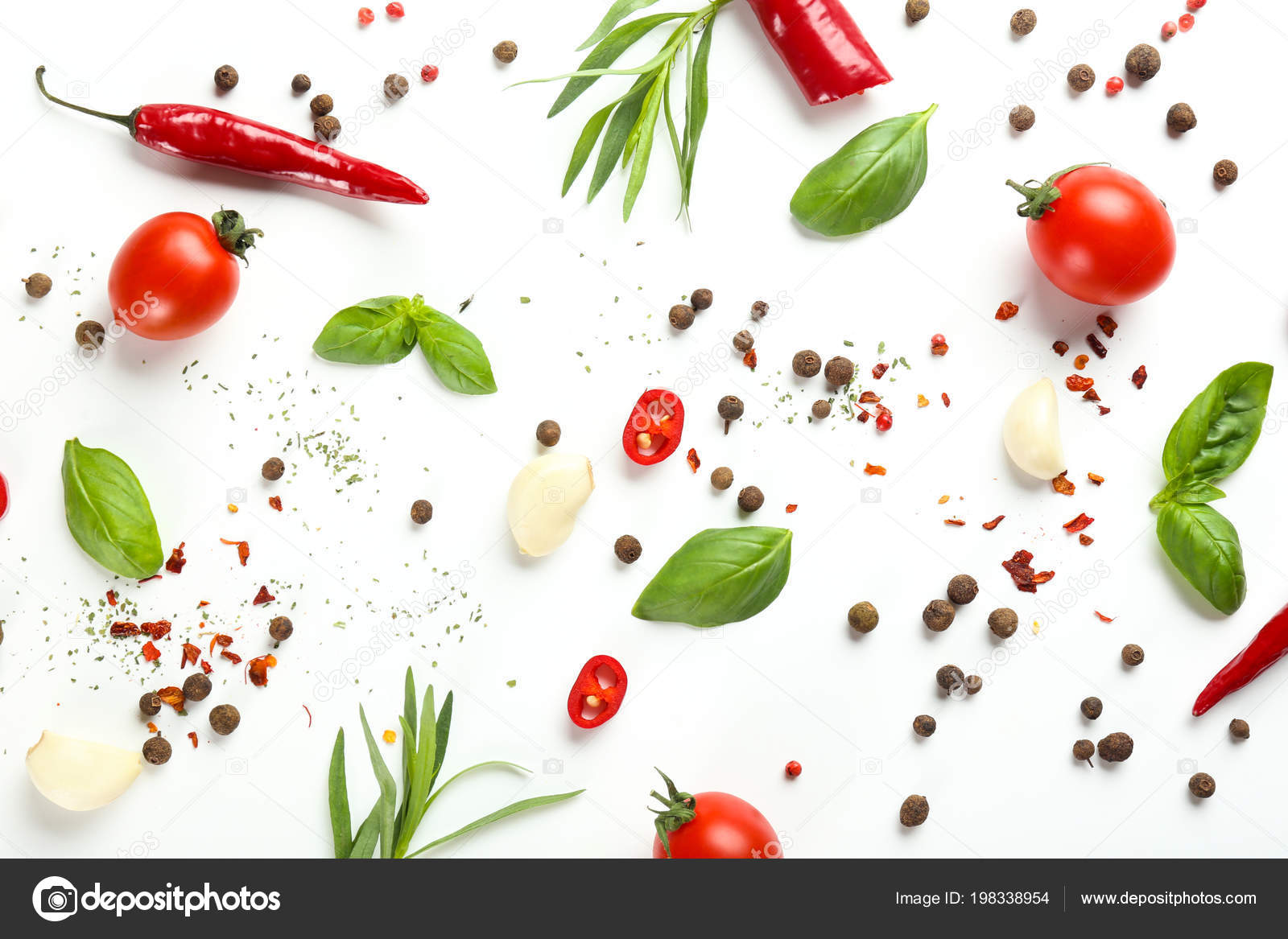 Fresh Tomatoes Herbs Spices White Background Stock Photo by ©serezniy  198338954