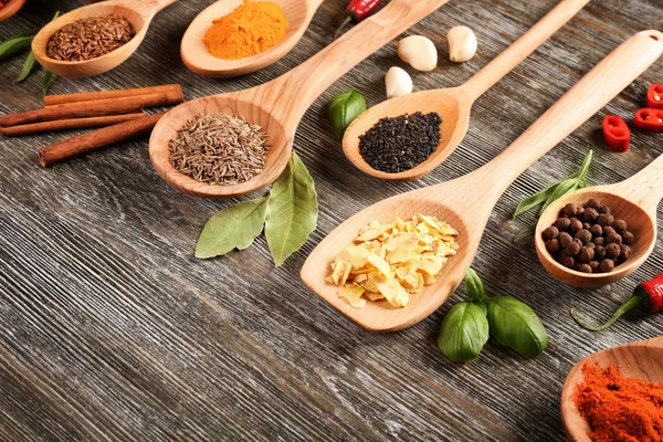 Variety Spices Spoons Wooden Background — Stock Photo, Image