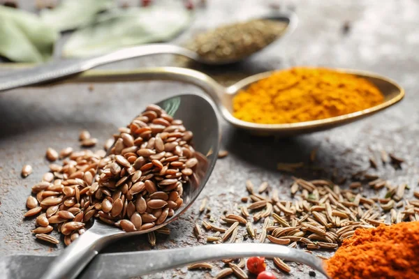 Metal Spoons Spices Table Closeup — Stock Photo, Image