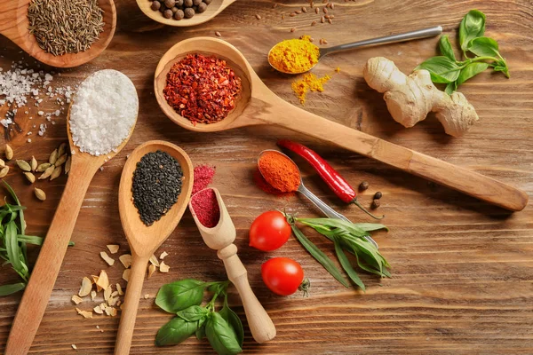 Variety Spices Spoons Wooden Background — Stock Photo, Image