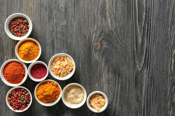 Bowls Various Spices Wooden Background — Stock Photo, Image