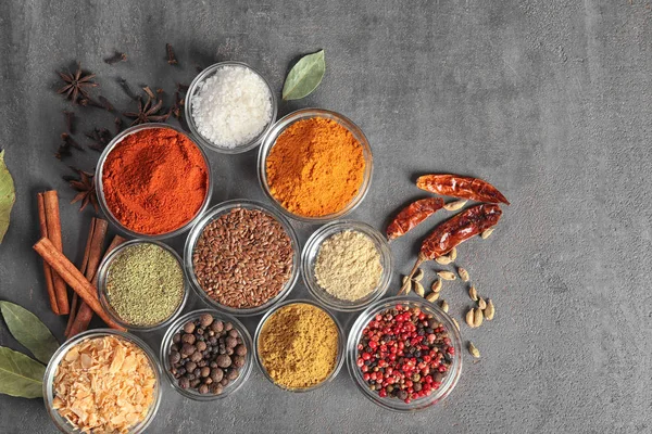 Bowls Various Spices Grey Background — Stock Photo, Image