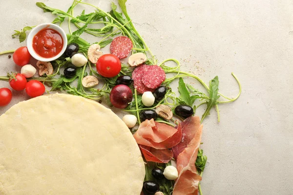 Composition Raw Dough Ingredients Pizza Table — Stock Photo, Image