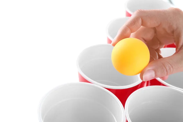 Woman Holding Yellow Ball Cups Arranged Playing Beer Pong Closeup — Stock Photo, Image