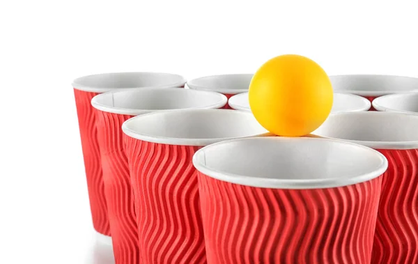 Cups Ball Beer Pong White Background Closeup — Stock Photo, Image