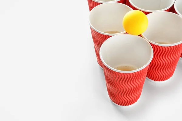 Cups Ball Beer Pong White Background — Stock Photo, Image