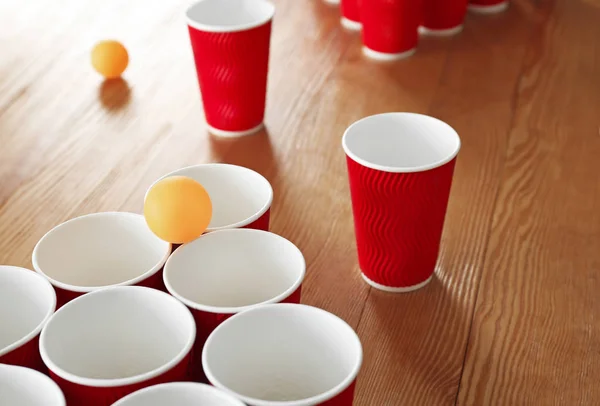 Cups Ball Beer Pong Wooden Table — Stock Photo, Image