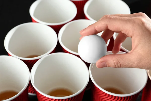 Woman Holding White Ball Cups Arranged Playing Beer Pong Closeup — Stock Photo, Image