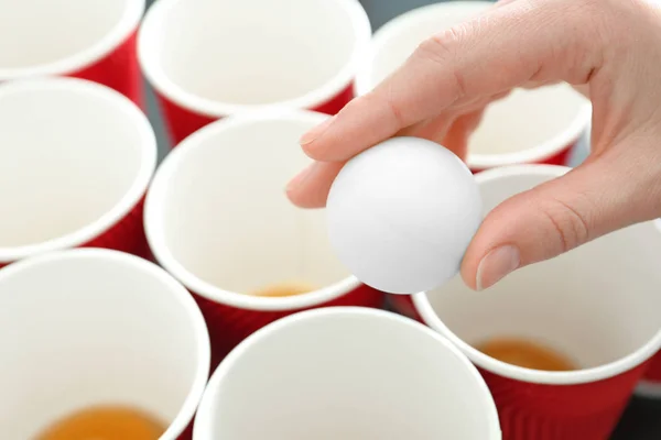 Woman Holding White Ball Cups Arranged Playing Beer Pong Closeup — Stock Photo, Image