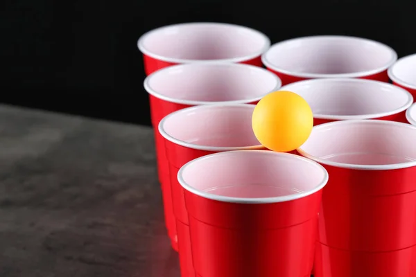 Cups Ball Beer Pong Table Closeup — Stock Photo, Image