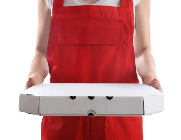 Mulher Entrega Com Caixa Pizza Papelão Fundo Branco — Fotografia de Stock