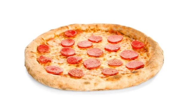 Läcker Pizza Med Salami Vit Bakgrund — Stockfoto