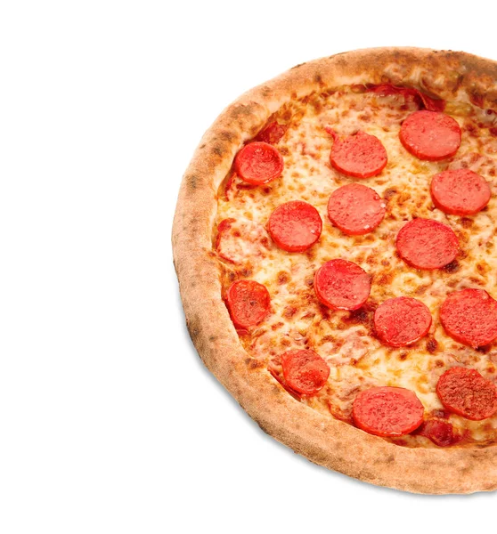 Heerlijke Pizza Met Salami Witte Achtergrond — Stockfoto