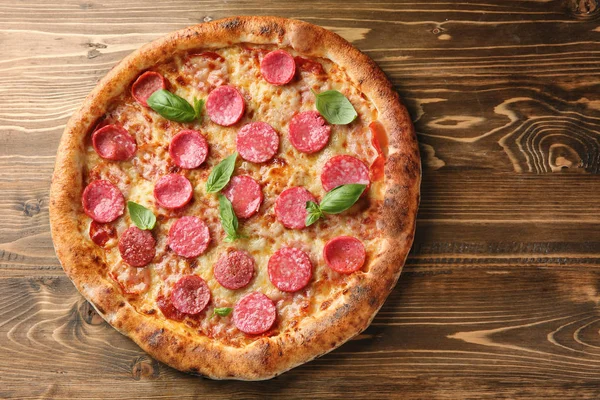 Delicious Pizza Salami Wooden Background — Stock Photo, Image