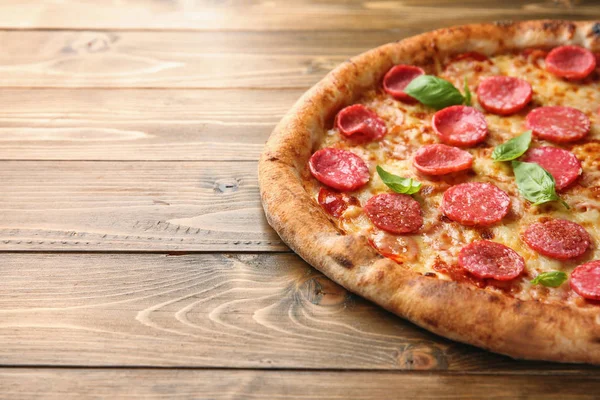 Delicious Pizza Salami Wooden Background Closeup — Stock Photo, Image